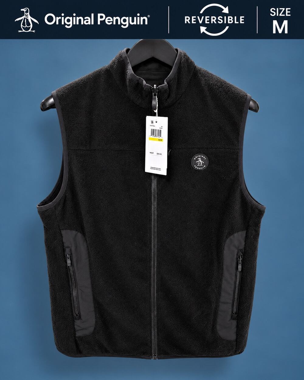 Original Penguin Black REVERSIBLE Fleece Vest Med NWT Full Zip Caviar